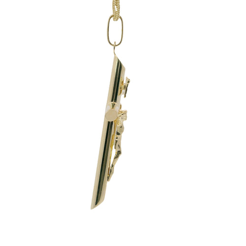 14KT Gold Charm Extra Large Plain Hollow Tube Slant Ends Crucifix Cross with Plain Oval Bell