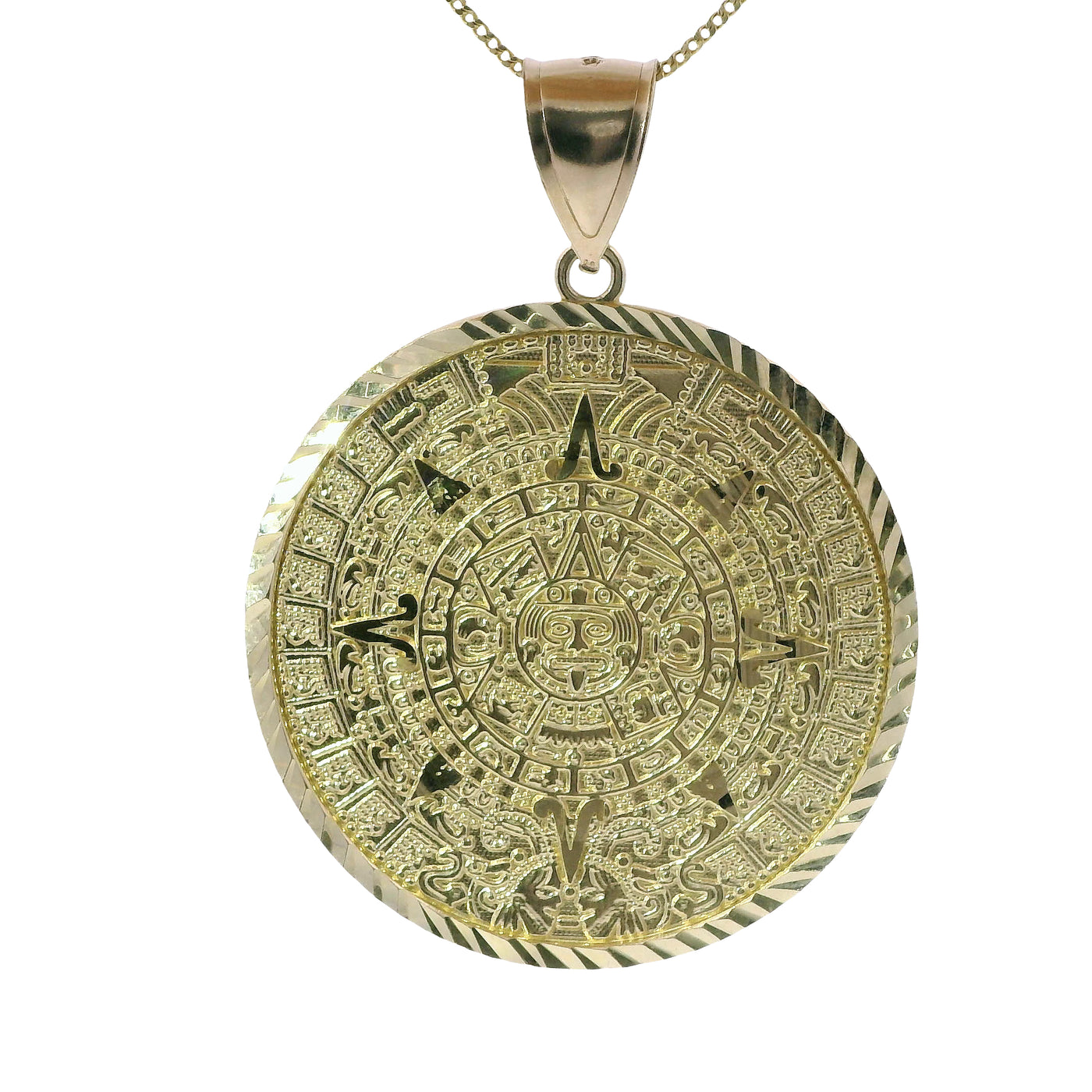 14KT Gold Charm Extra Large Myan Calander Coin with Diamond Cut Edge and Plain Bell