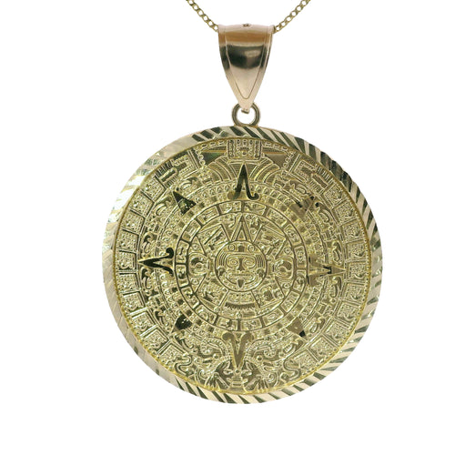14KT Gold Charm Extra Large Myan Calander Coin with Diamond Cut Edge and Plain Bell