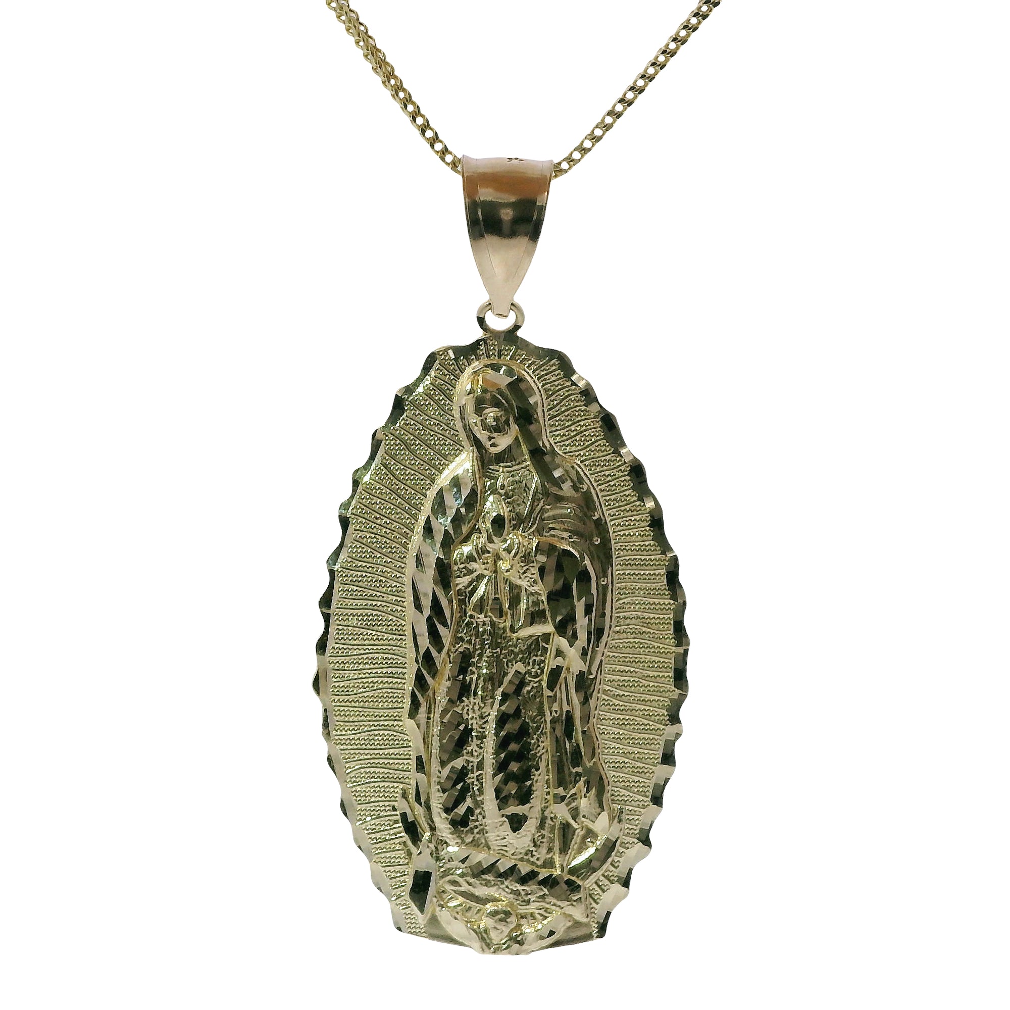 14KT Gold Charm Extra Large Oval Virgin Mary with Diamond Cut Spiked Edge and Plain Bell