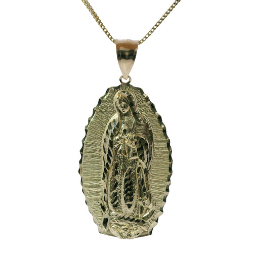 14KT Gold Charm Extra Large Oval Virgin Mary with Diamond Cut Spiked Edge and Plain Bell