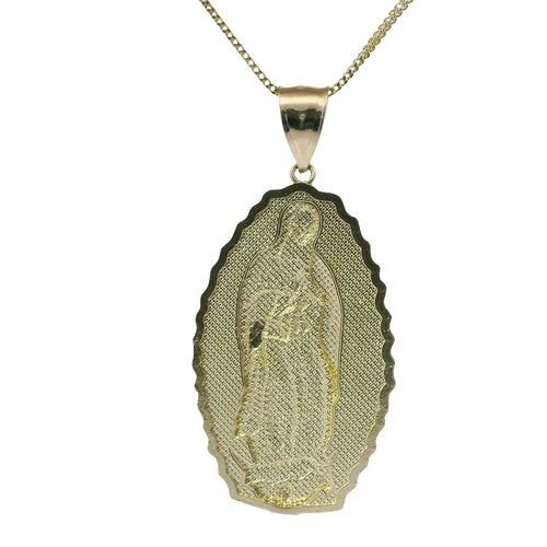 14KT Gold Charm Extra Large Oval Virgin Mary with Diamond Cut Spiked Edge and Plain Bell