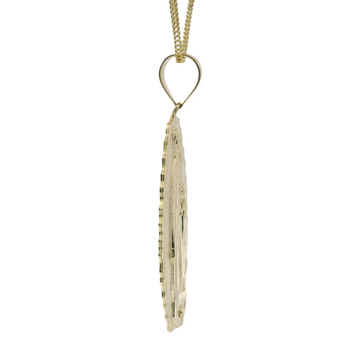 14KT Gold Charm Extra Large Oval Virgin Mary with Diamond Cut Spiked Edge and Plain Bell