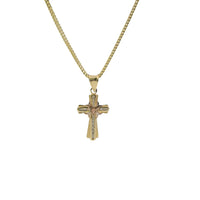 14KT Gold Charm Extra Small Two Tone White CZ Stone Cross Center with Plain Border, Center Ribbon, and Plain Bell