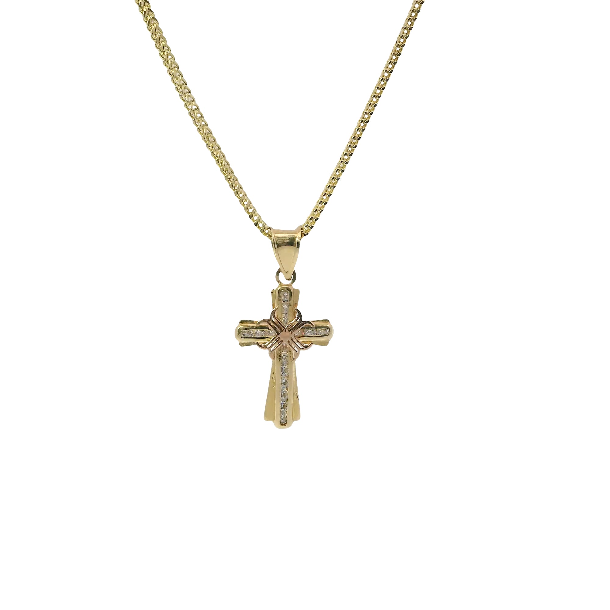 14KT Gold Charm Extra Small Two Tone White CZ Stone Cross Center with Plain Border, Center Ribbon, and Plain Bell