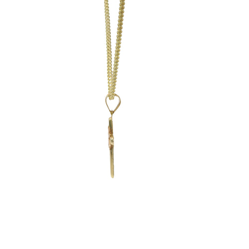 14KT Gold Charm Extra Small Two Tone White CZ Stone Cross Center with Plain Border, Center Ribbon, and Plain Bell