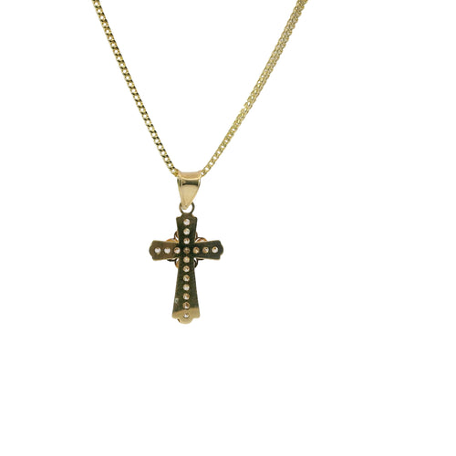 14KT Gold Charm Extra Small Two Tone White CZ Stone Cross Center with Plain Border, Center Ribbon, and Plain Bell