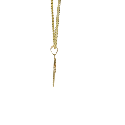 14KT Gold Charm Extra Small Two Tone White CZ Stone Cross Center with Plain Border, Center Ribbon, and Plain Bell