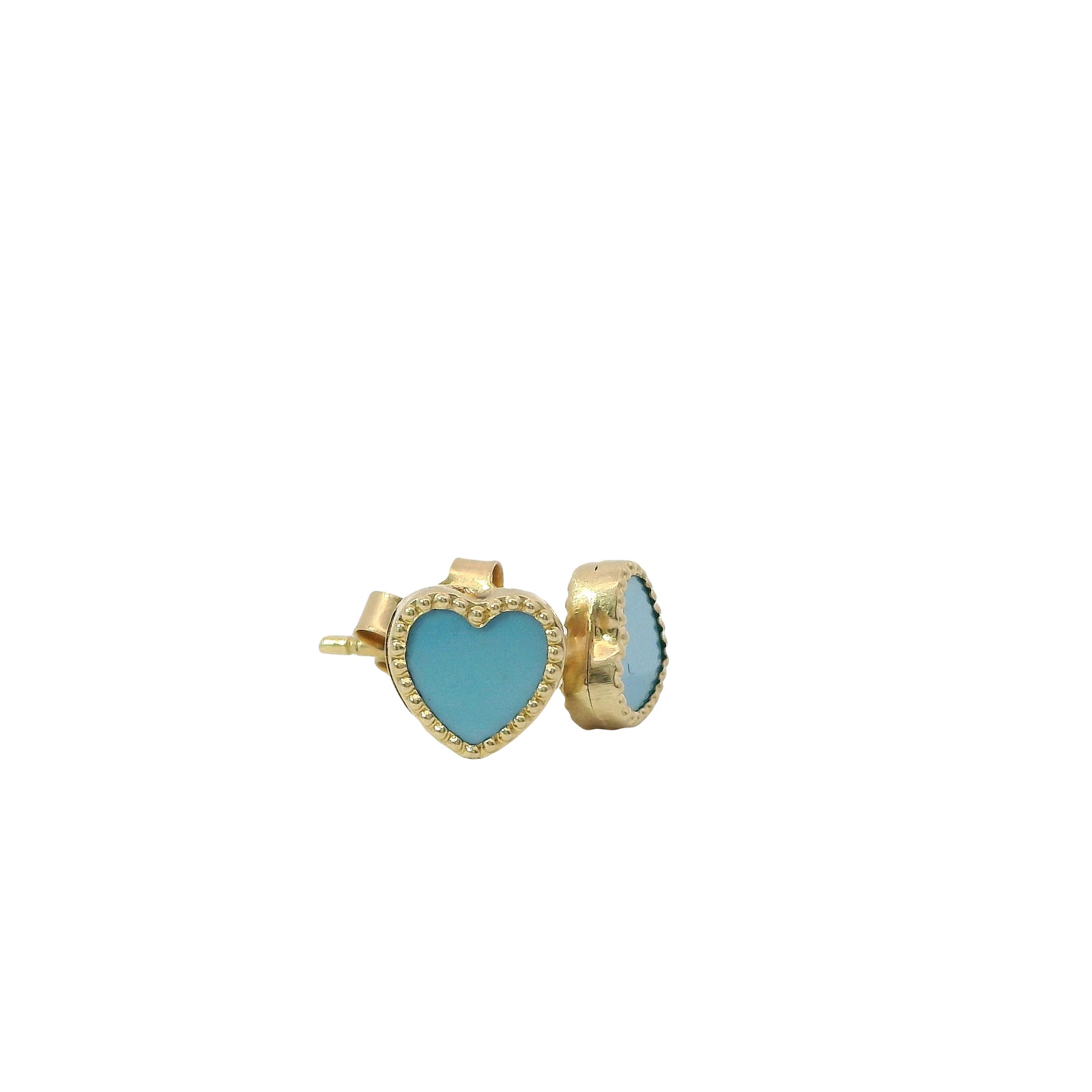 14KT Gold Earrings Extra Small Aqua Blue Heart with Dotted Border with Push Back Post and Butterfly Backs
