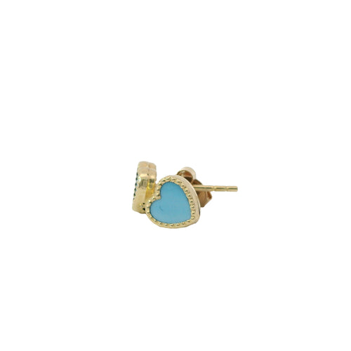 14KT Gold Earrings Extra Small Aqua Blue Heart with Dotted Border with Push Back Post and Butterfly Backs