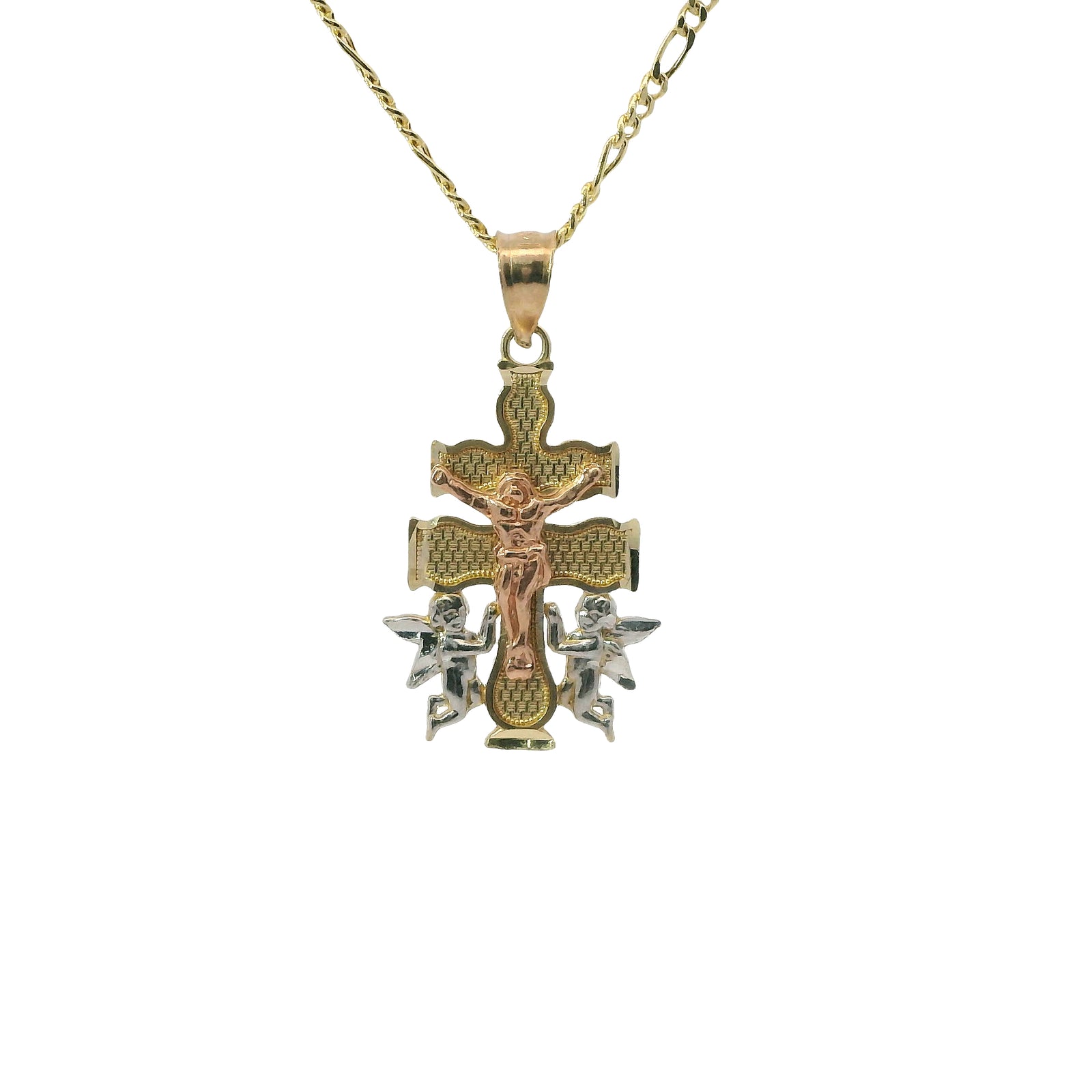 14KT Gold Charm Extra Small Tri Tone Caravaca Crucifix Cross with Rounded Base and Plain Bell