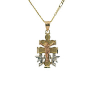 14KT Gold Charm Extra Small Tri Tone Caravaca Crucifix Cross with Rounded Base and Plain Bell