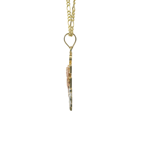 14KT Gold Charm Extra Small Tri Tone Caravaca Crucifix Cross with Rounded Base and Plain Bell