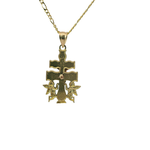 14KT Gold Charm Extra Small Tri Tone Caravaca Crucifix Cross with Rounded Base and Plain Bell