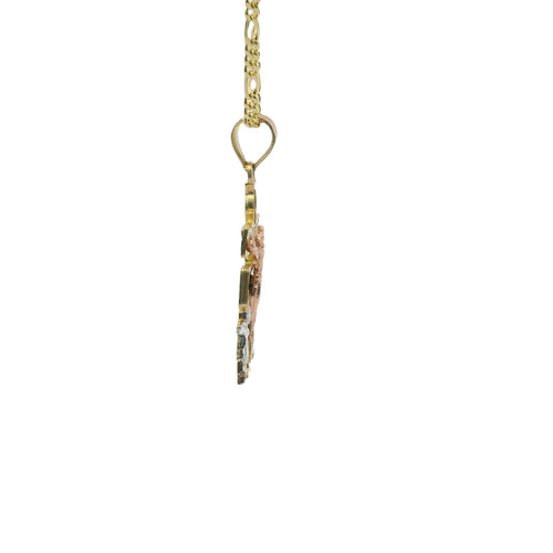 14KT Gold Charm Extra Small Tri Tone Caravaca Crucifix Cross with Rounded Base and Plain Bell