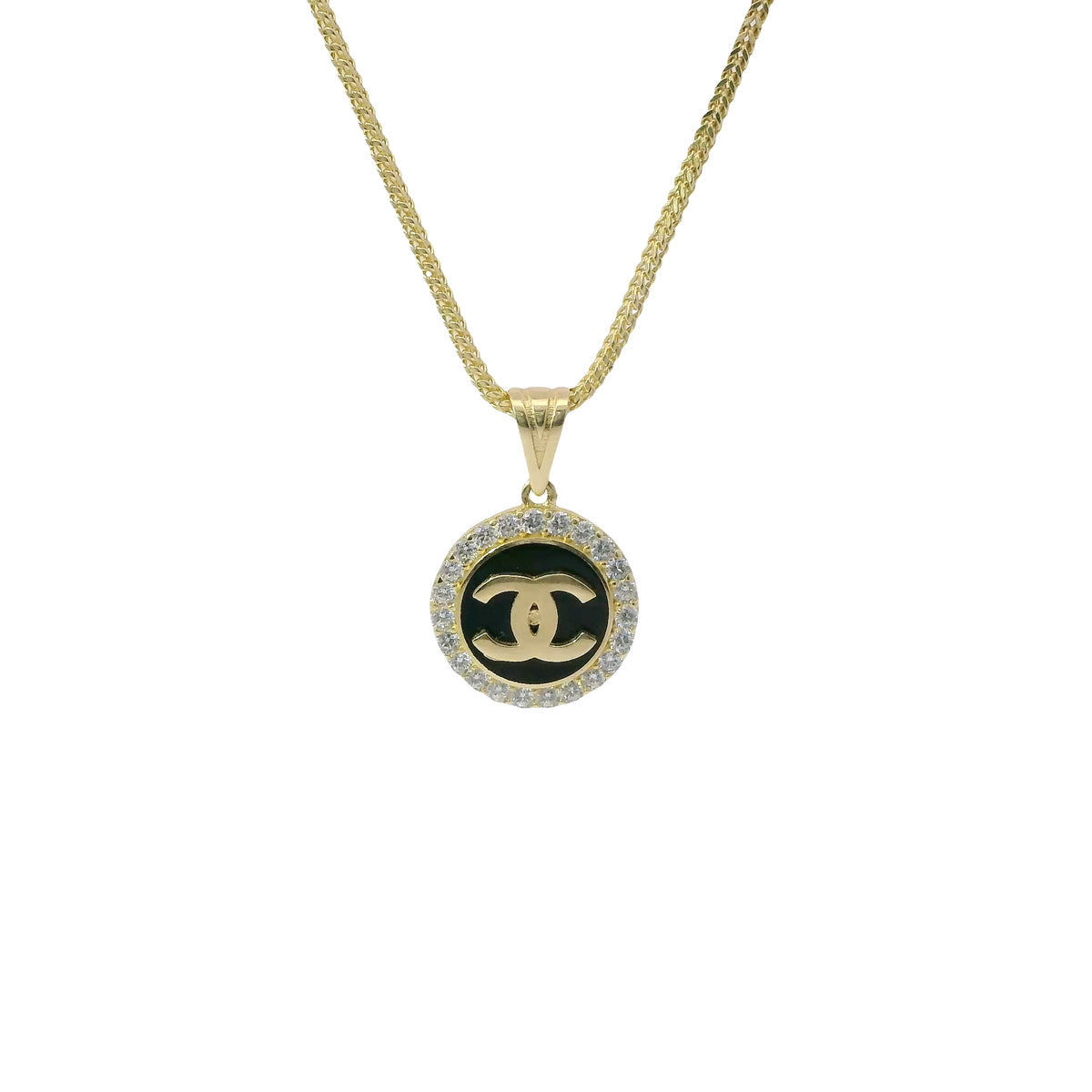 14KT Gold Charm Extra Small CC Coin with Black Enamel Center, White CZ Stone Border, and Plain Bell