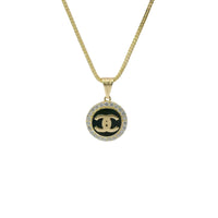 14KT Gold Charm Extra Small CC Coin with Black Enamel Center, White CZ Stone Border, and Plain Bell