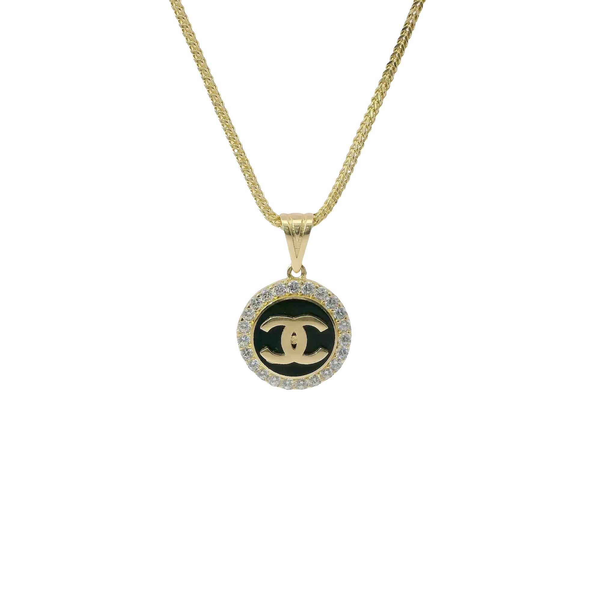 14KT Gold Charm Extra Small CC Coin with Black Enamel Center, White CZ Stone Border, and Plain Bell