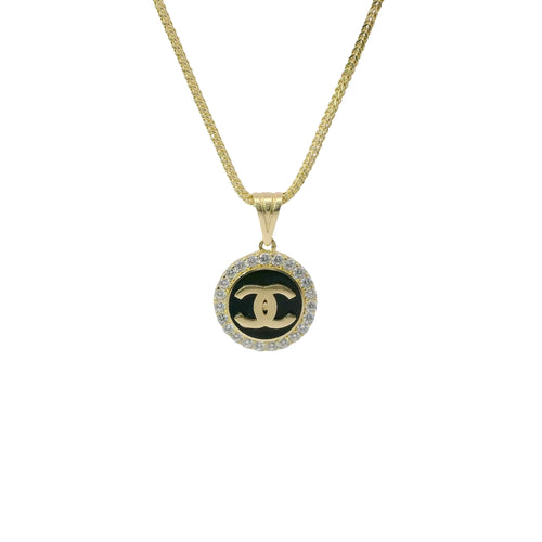 14KT Gold Charm Extra Small CC Coin with Black Enamel Center, White CZ Stone Border, and Plain Bell