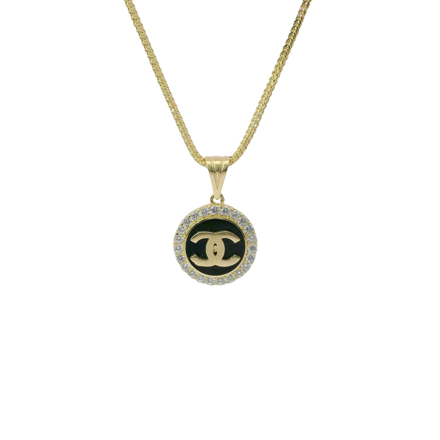 14KT Gold Charm Extra Small CC Coin with Black Enamel Center, White CZ Stone Border, and Plain Bell