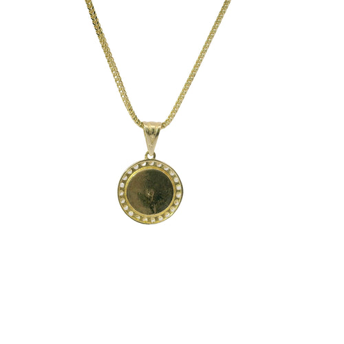 14KT Gold Charm Extra Small CC Coin with Black Enamel Center, White CZ Stone Border, and Plain Bell