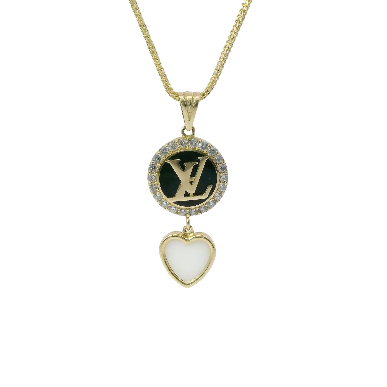 14KT Gold Charm Extra Small LV Coin with Black Enamel Center, White CZ Stone Border, White Enamel Hanging Heart and Plain Bell