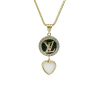 14KT Gold Charm Extra Small LV Coin with Black Enamel Center, White CZ Stone Border, White Enamel Hanging Heart and Plain Bell