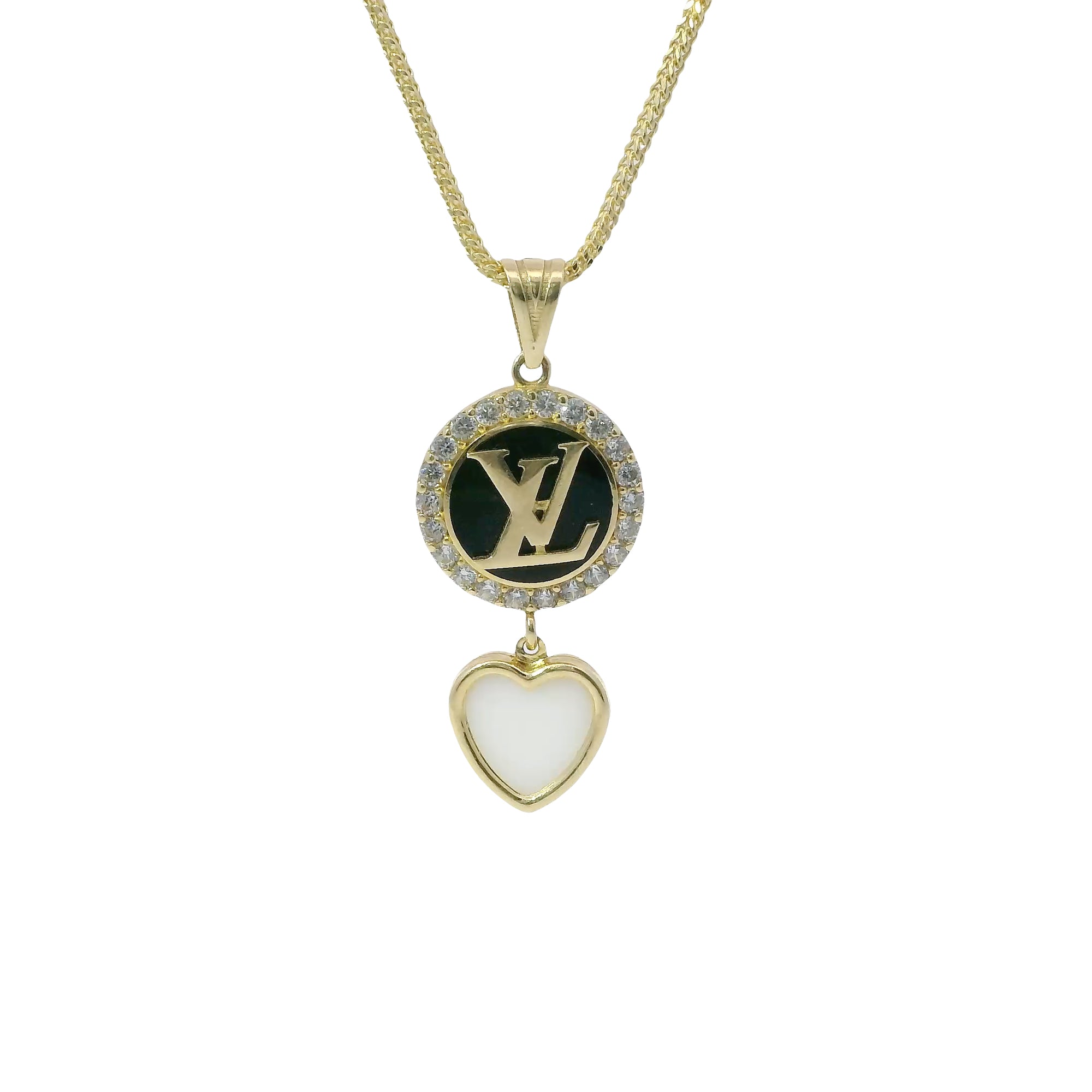 14KT Gold Charm Extra Small LV Coin with Black Enamel Center, White CZ Stone Border, White Enamel Hanging Heart and Plain Bell