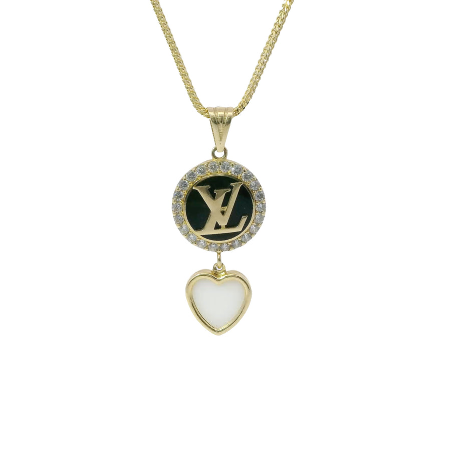 14KT Gold Charm Extra Small LV Coin with Black Enamel Center, White CZ Stone Border, White Enamel Hanging Heart and Plain Bell