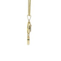 14KT Gold Charm Extra Small LV Coin with Black Enamel Center, White CZ Stone Border, White Enamel Hanging Heart and Plain Bell