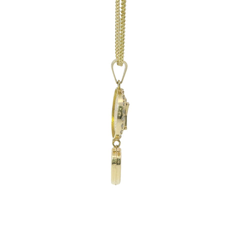 14KT Gold Charm Extra Small LV Coin with Black Enamel Center, White CZ Stone Border, White Enamel Hanging Heart and Plain Bell