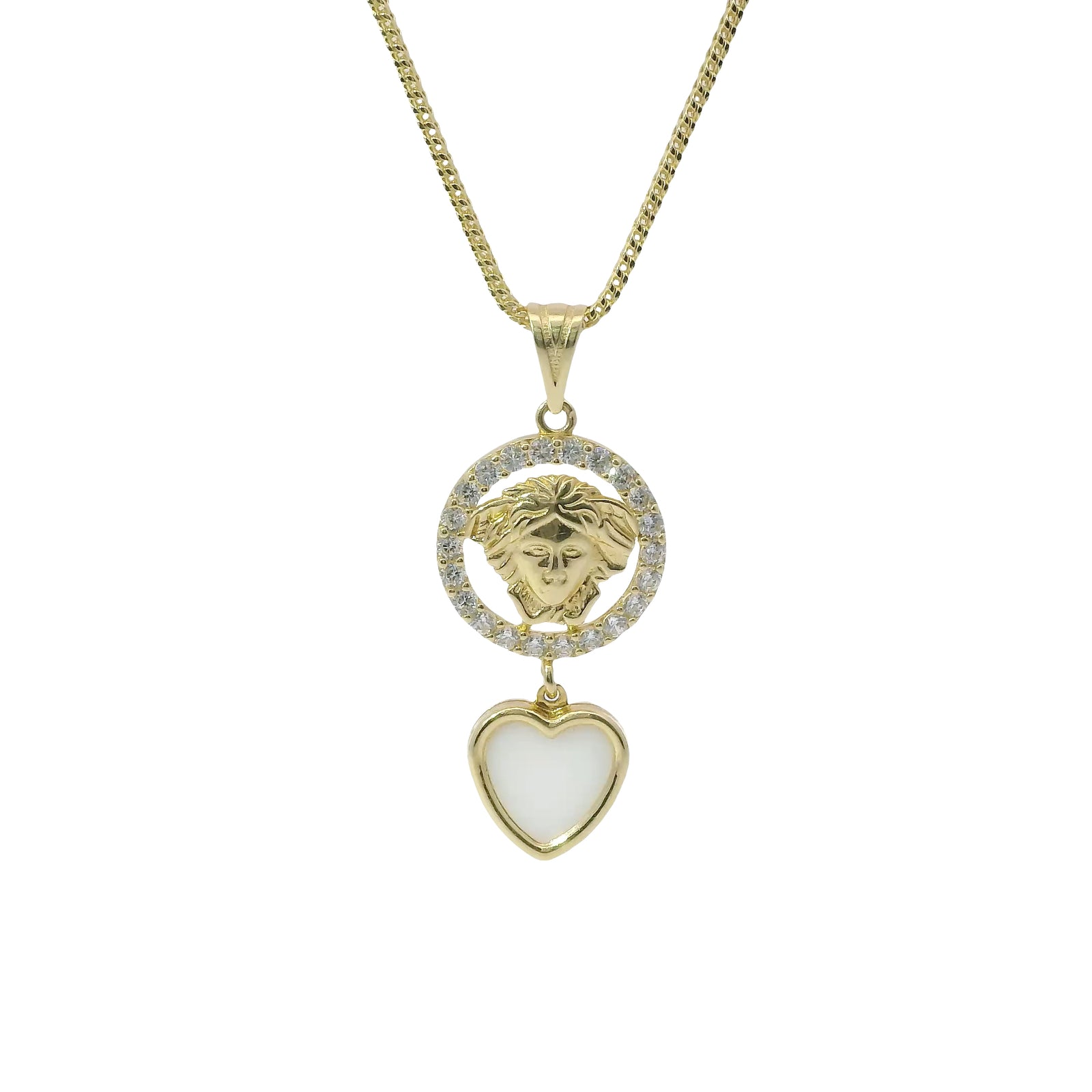 14KT Gold Charm Extra Small Medusa Coin with Black Enamel Center, White CZ Stone Border, White Enamel Hanging Heart and Plain Bell
