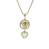 14KT Gold Charm Extra Small Medusa Coin with Black Enamel Center, White CZ Stone Border, White Enamel Hanging Heart and Plain Bell