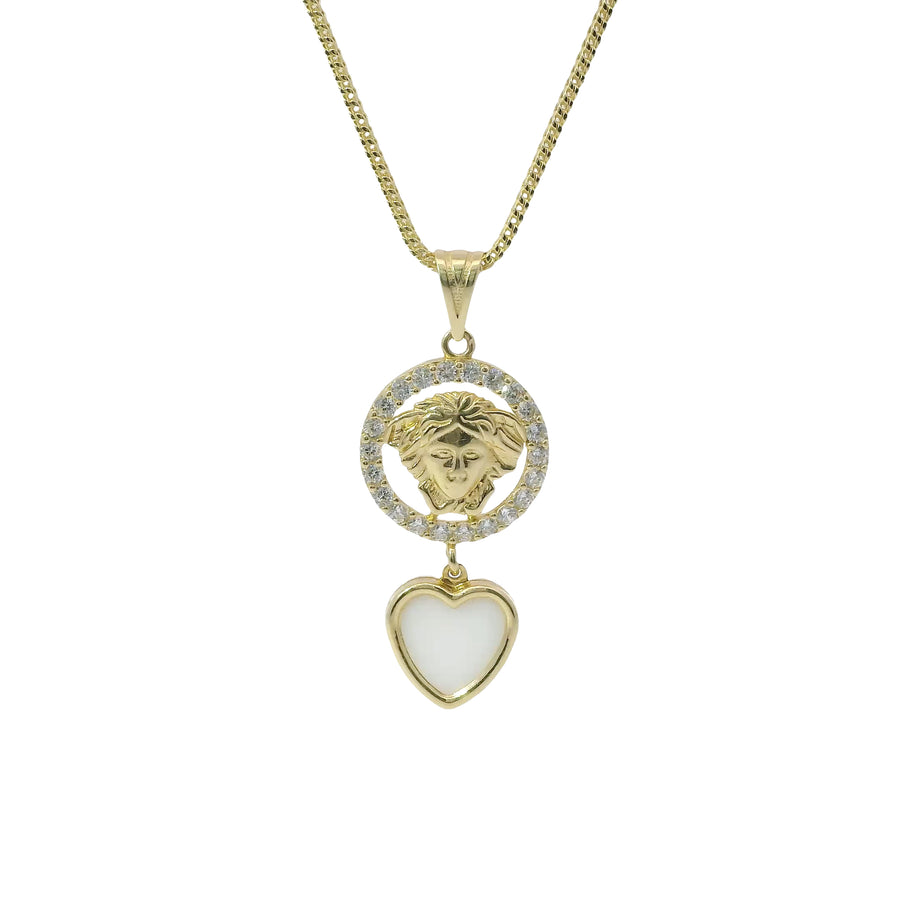 14KT Gold Charm Extra Small Medusa Coin with Black Enamel Center, White CZ Stone Border, White Enamel Hanging Heart and Plain Bell
