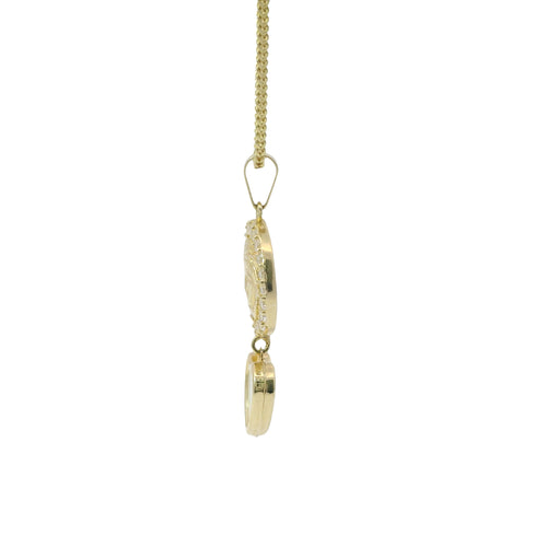 14KT Gold Charm Extra Small Medusa Coin with Black Enamel Center, White CZ Stone Border, White Enamel Hanging Heart and Plain Bell