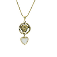 14KT Gold Charm Extra Small Medusa Coin with Black Enamel Center, White CZ Stone Border, White Enamel Hanging Heart and Plain Bell