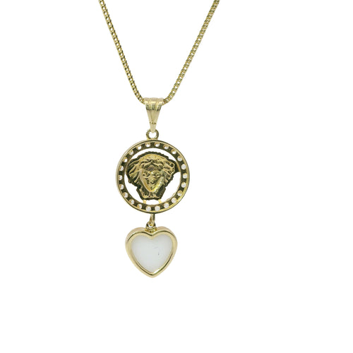 14KT Gold Charm Extra Small Medusa Coin with Black Enamel Center, White CZ Stone Border, White Enamel Hanging Heart and Plain Bell