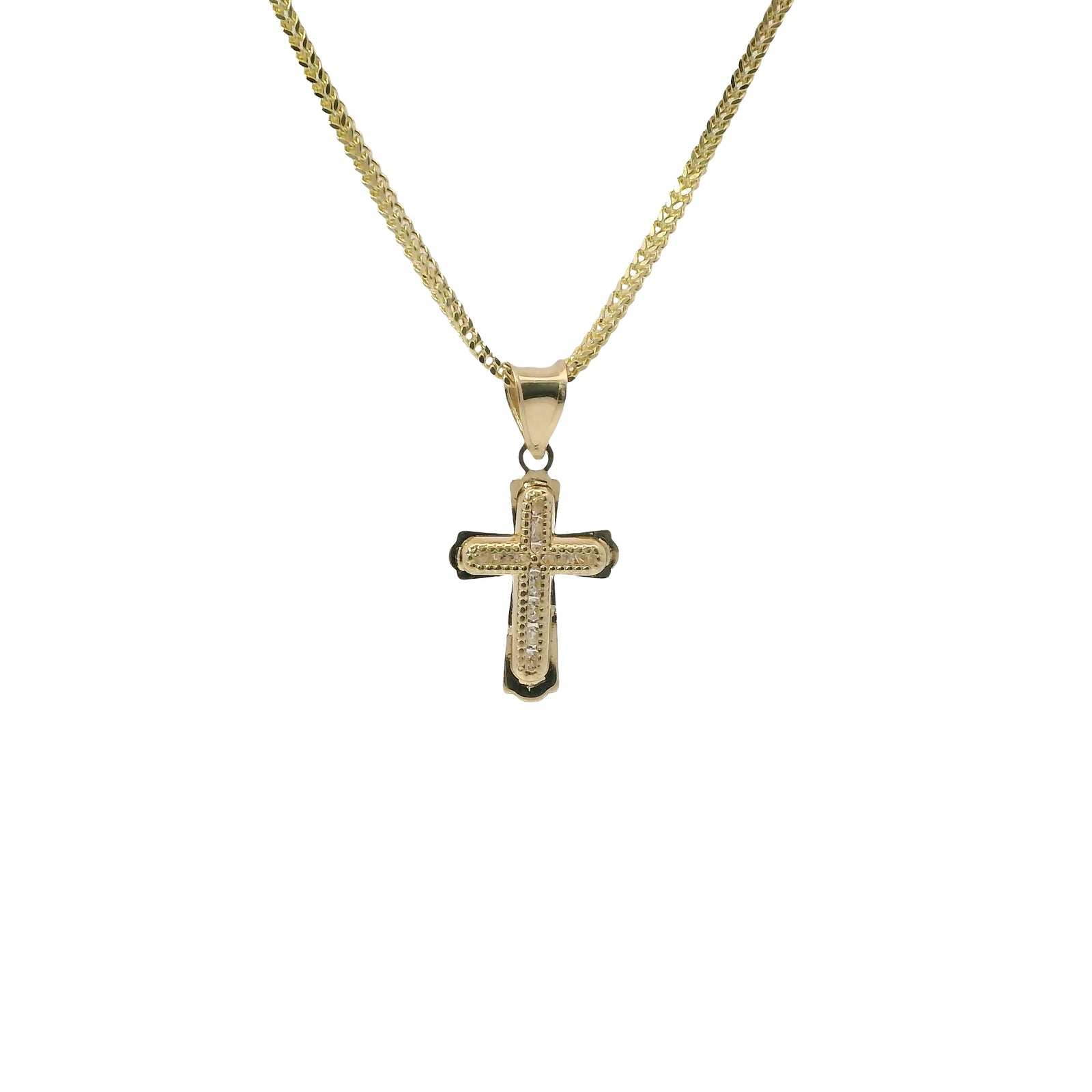 14KT Gold Charm Extra Small White CZ Stones Cross Center with Plain Flared Rounded Ends Border and Plain Bell