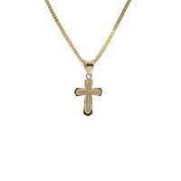 14KT Gold Charm Extra Small White CZ Stones Cross Center with Plain Flared Rounded Ends Border and Plain Bell