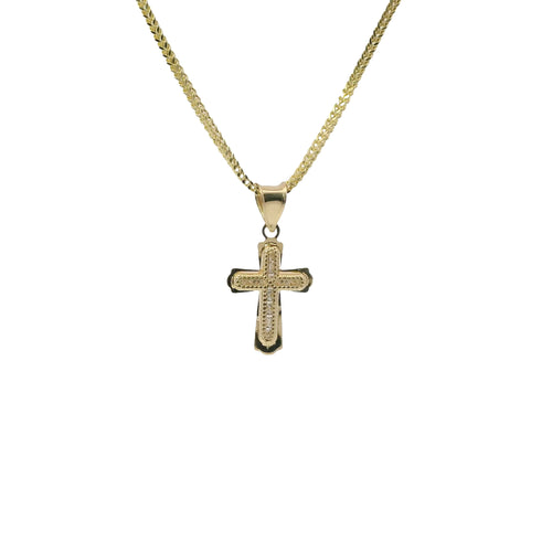 14KT Gold Charm Extra Small White CZ Stones Cross Center with Plain Flared Rounded Ends Border and Plain Bell