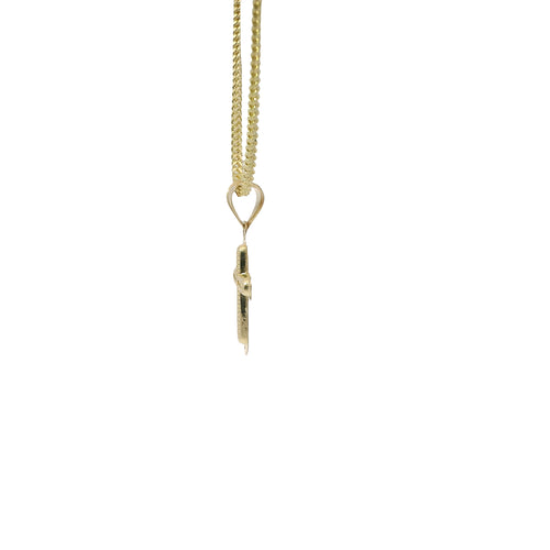 14KT Gold Charm Extra Small White CZ Stones Cross Center with Plain Flared Rounded Ends Border and Plain Bell