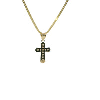 14KT Gold Charm Extra Small White CZ Stones Cross Center with Plain Flared Rounded Ends Border and Plain Bell