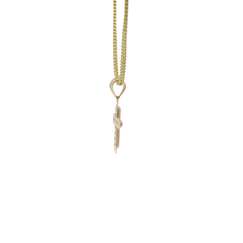 14KT Gold Charm Extra Small White CZ Stones Cross Center with Plain Flared Rounded Ends Border and Plain Bell