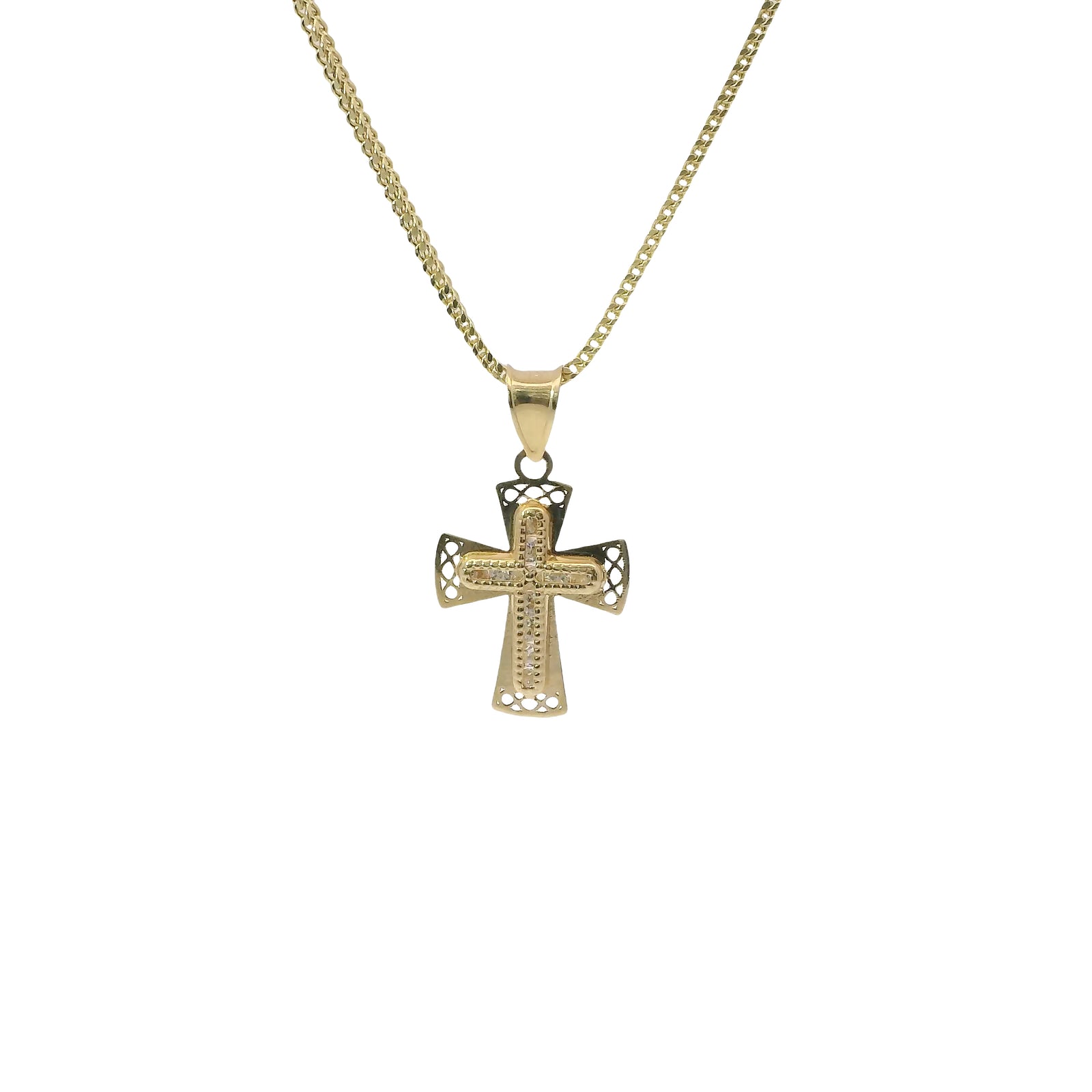 14KT Gold Charm Extra Small White CZ Stone Cross Center with Plain Rounded Flared Diamond Shape Cutout Ends Border and Plain Bell