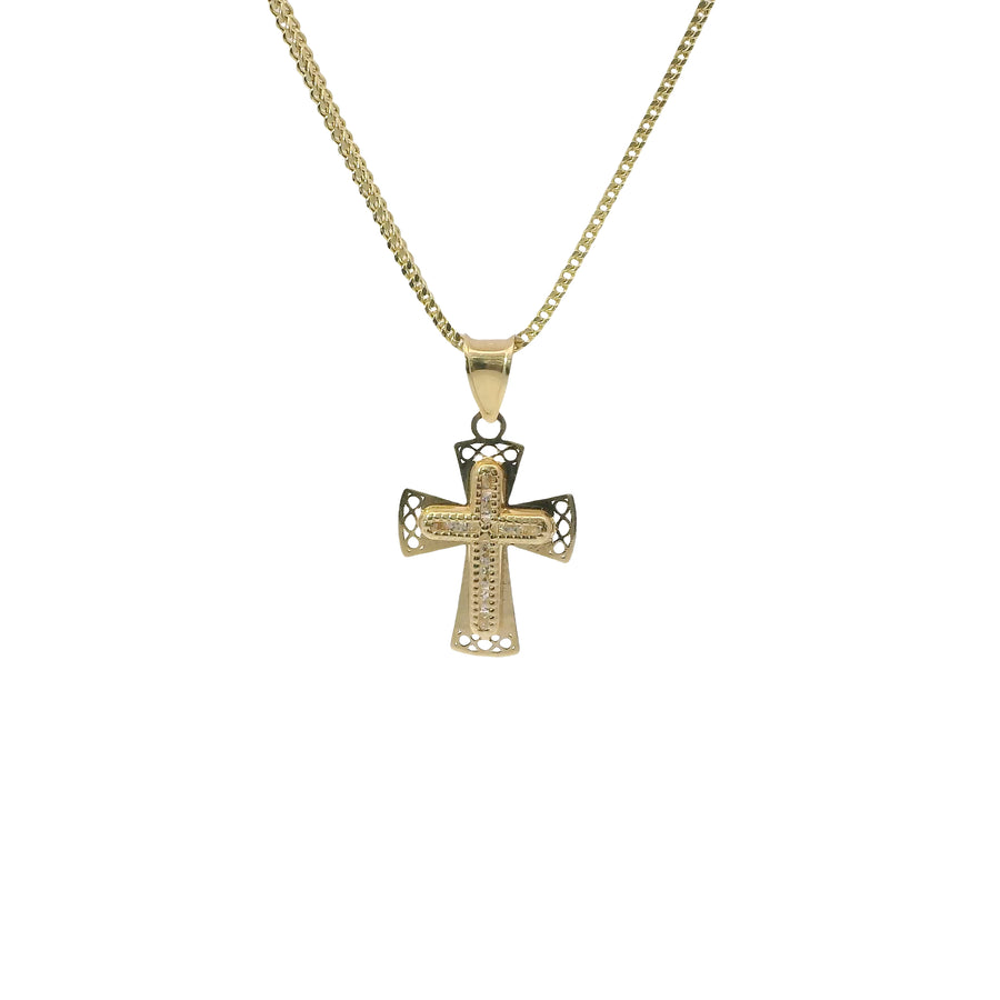 14KT Gold Charm Extra Small White CZ Stone Cross Center with Plain Rounded Flared Diamond Shape Cutout Ends Border and Plain Bell