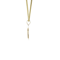 14KT Gold Charm Extra Small White CZ Stone Cross Center with Plain Rounded Flared Diamond Shape Cutout Ends Border and Plain Bell