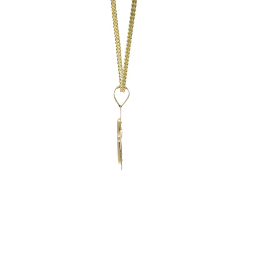 14KT Gold Charm Extra Small White CZ Stone Cross Center with Plain Rounded Flared Diamond Shape Cutout Ends Border and Plain Bell