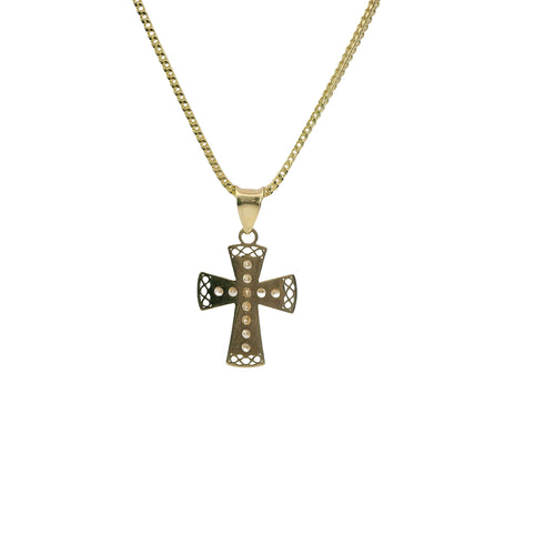 14KT Gold Charm Extra Small White CZ Stone Cross Center with Plain Rounded Flared Diamond Shape Cutout Ends Border and Plain Bell