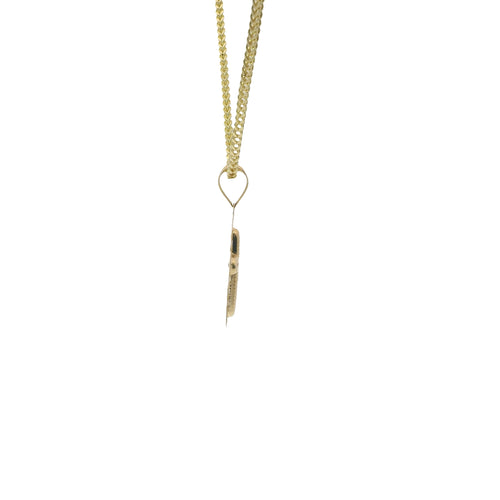 14KT Gold Charm Extra Small White CZ Stone Cross Center with Plain Rounded Flared Diamond Shape Cutout Ends Border and Plain Bell