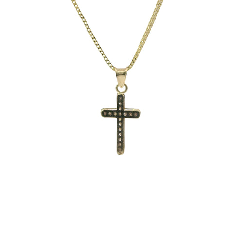 14KT Gold Charm Extra Small White CZ Stone Cross Center with Plain Snowflake Window Center and Plain Bell
